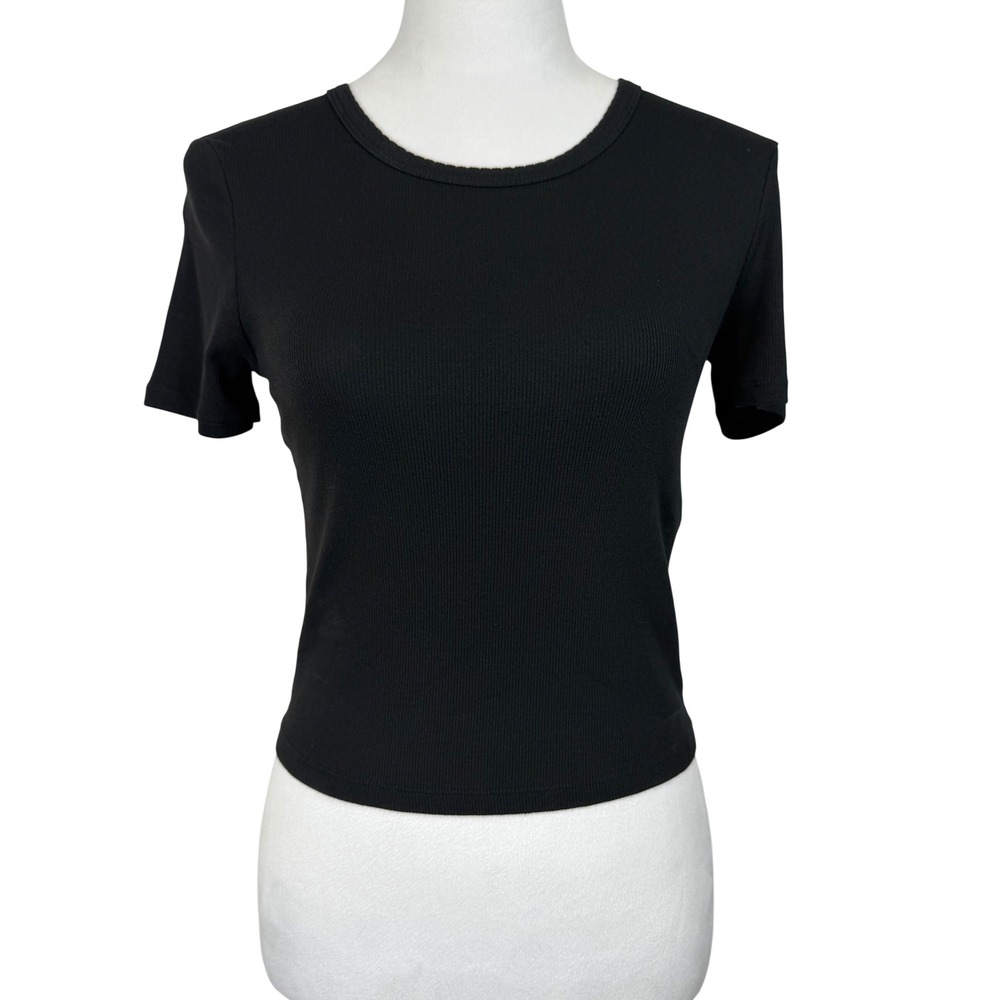 Zara Women Cotton Blend S Black Ribbed Short Sleeve Crew Neck Tee Top